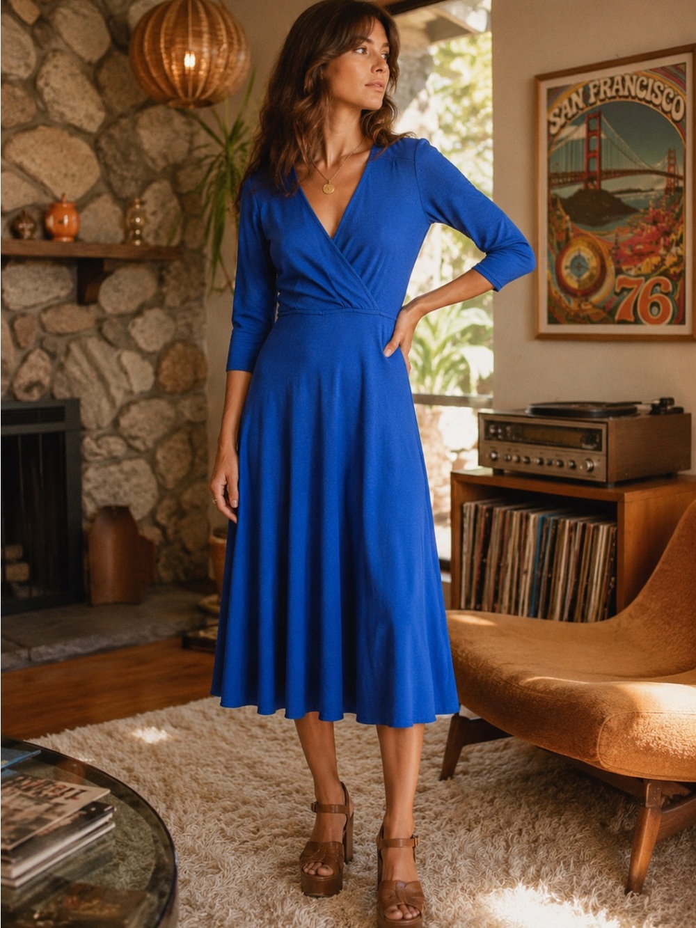 Vintage 1970’s Foxy Lady San Francisco Blue 3/4 Sleeve Wrap Front Dress Size 5/6